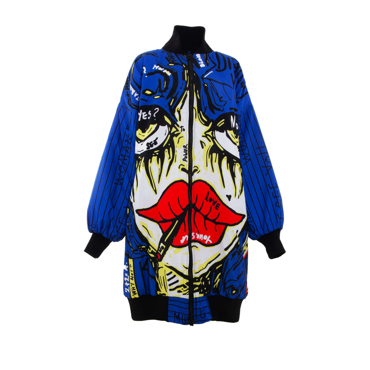 Oversized blue printed MemenTo jacket at GRÜNWASCHEN