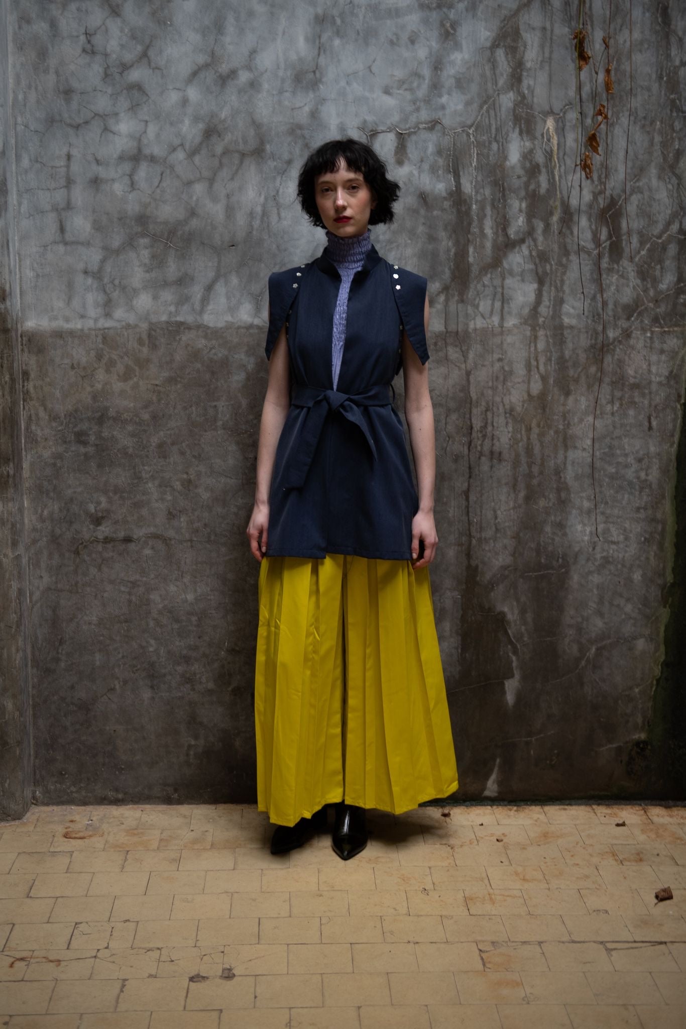 Mustard Yellow Plissé Banana Trousers