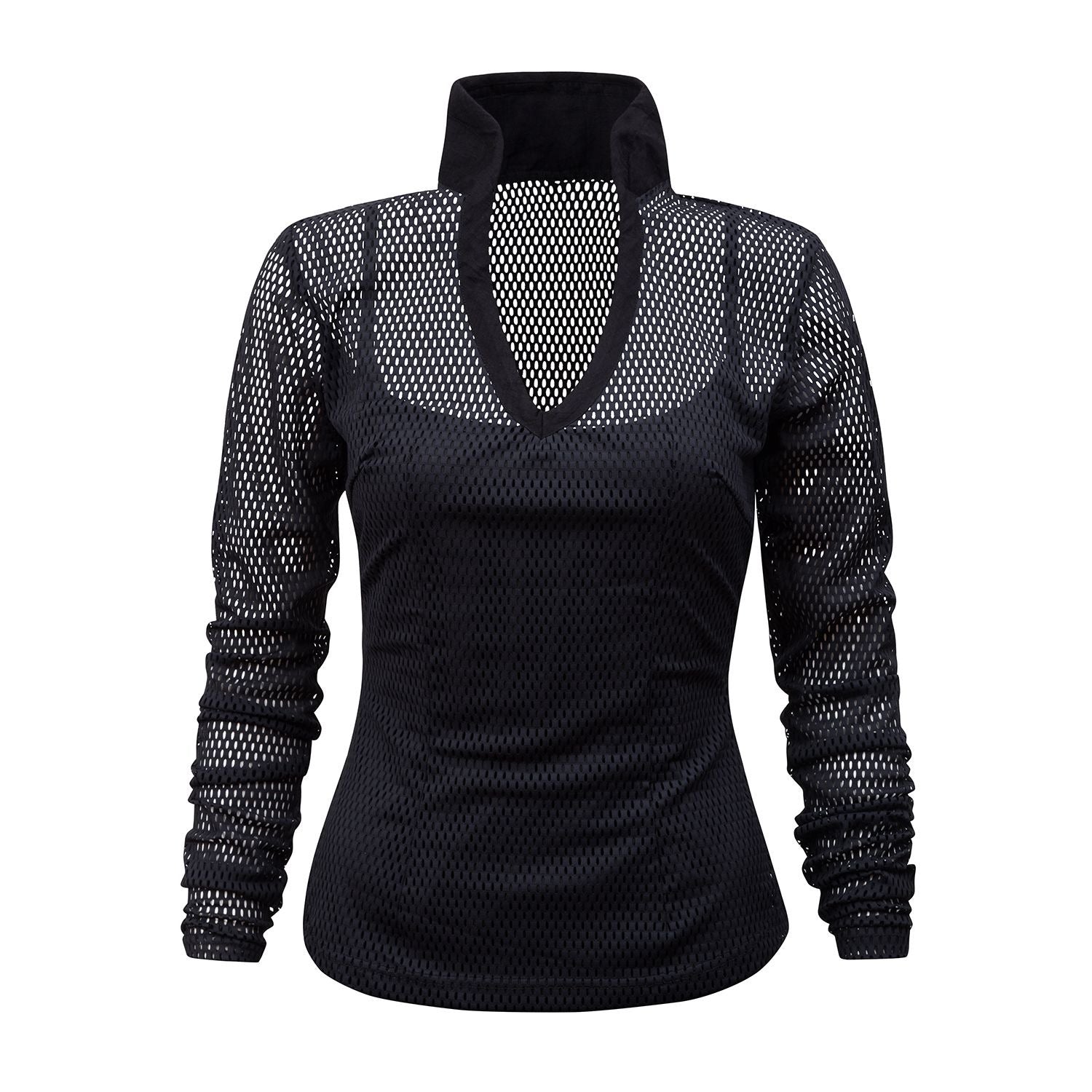 Black Mesh Stretch Turtleneck Blouse