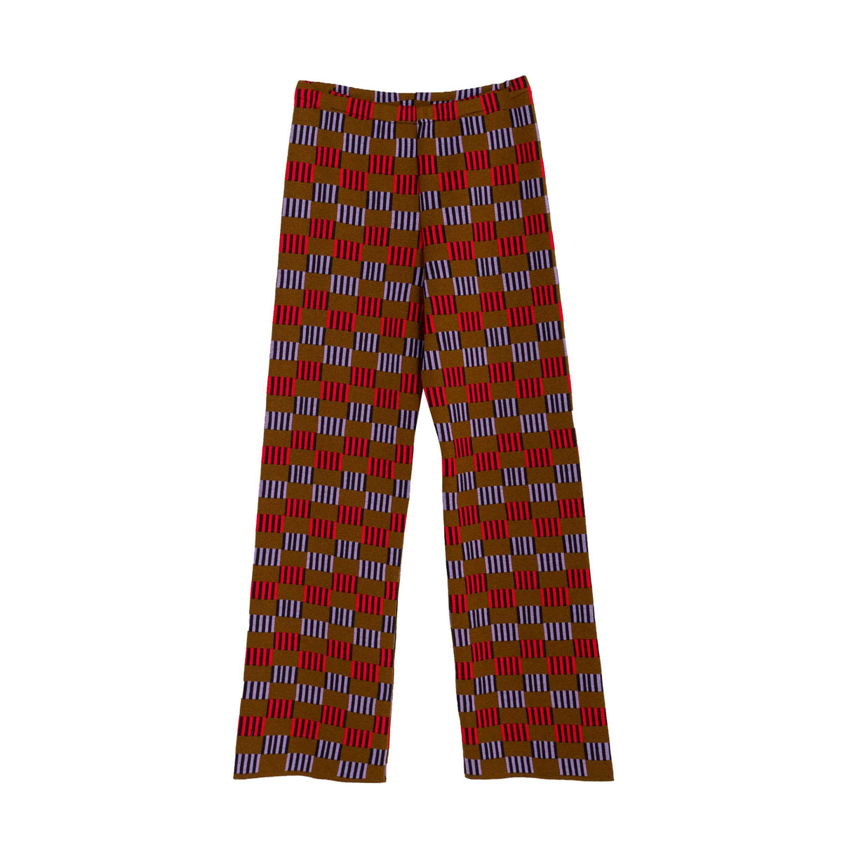 Product view of the Multicolor Geo Jacquard Pants, jacquard-knitted trousers in a multicolour geometric pattern, finished with an elastic waistband and a regular fit. By JONA BEDNJANEC.