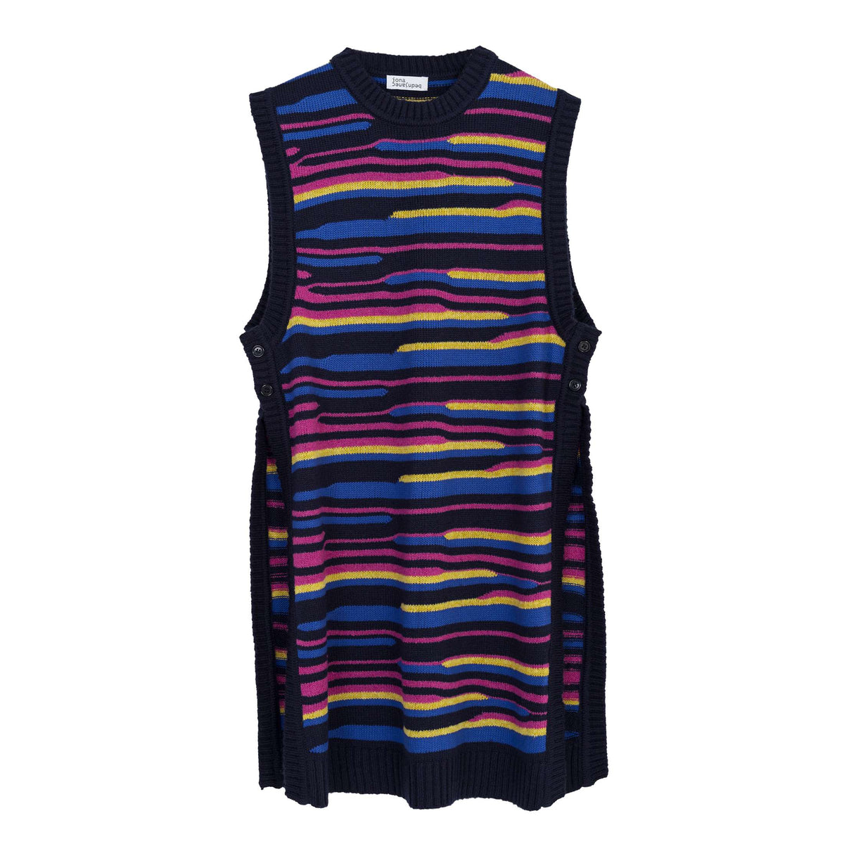 Product view of the Multicolor Jacquard Slipover, buttoned jacquard-knit slipover in a multicolour pattern with an oversized fit. By JONA BEDNJANEC.