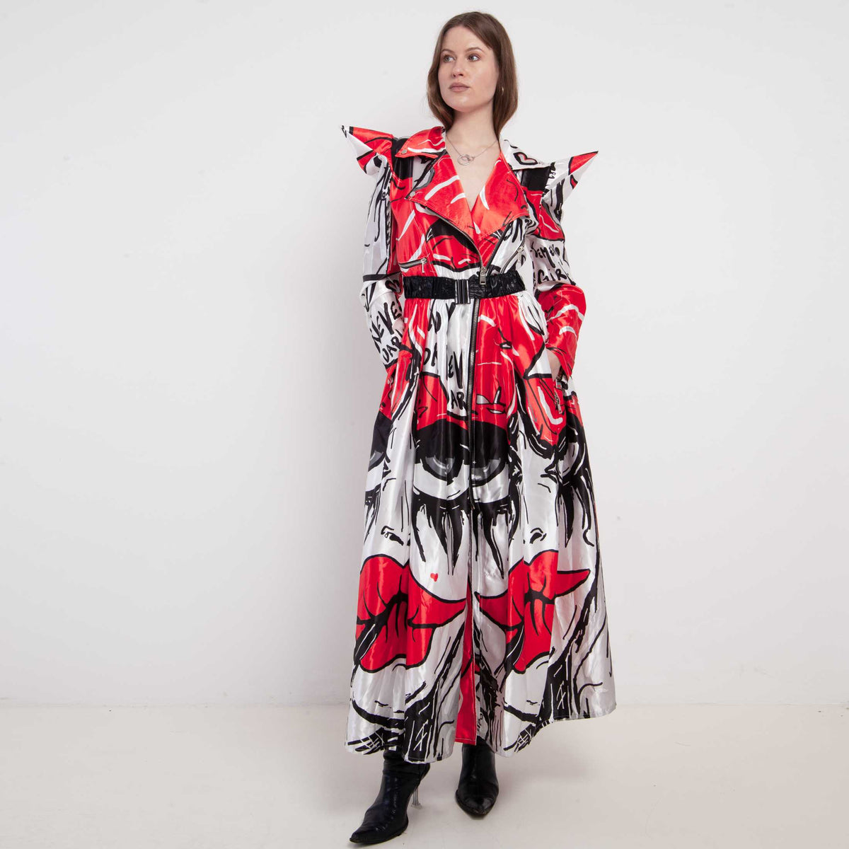 Product view of the DRESS / COAT / PRINT "THE RED", long red, white and black printed piece that can be worn closed with a belt as a dress or open as a lightweight coat. By MemenTo.
