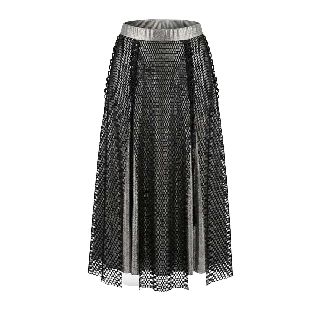 Detail view of the Stay With Me Maxi Skirt, upcycled maxi skirt in silver. By COUTURE RELOADED.