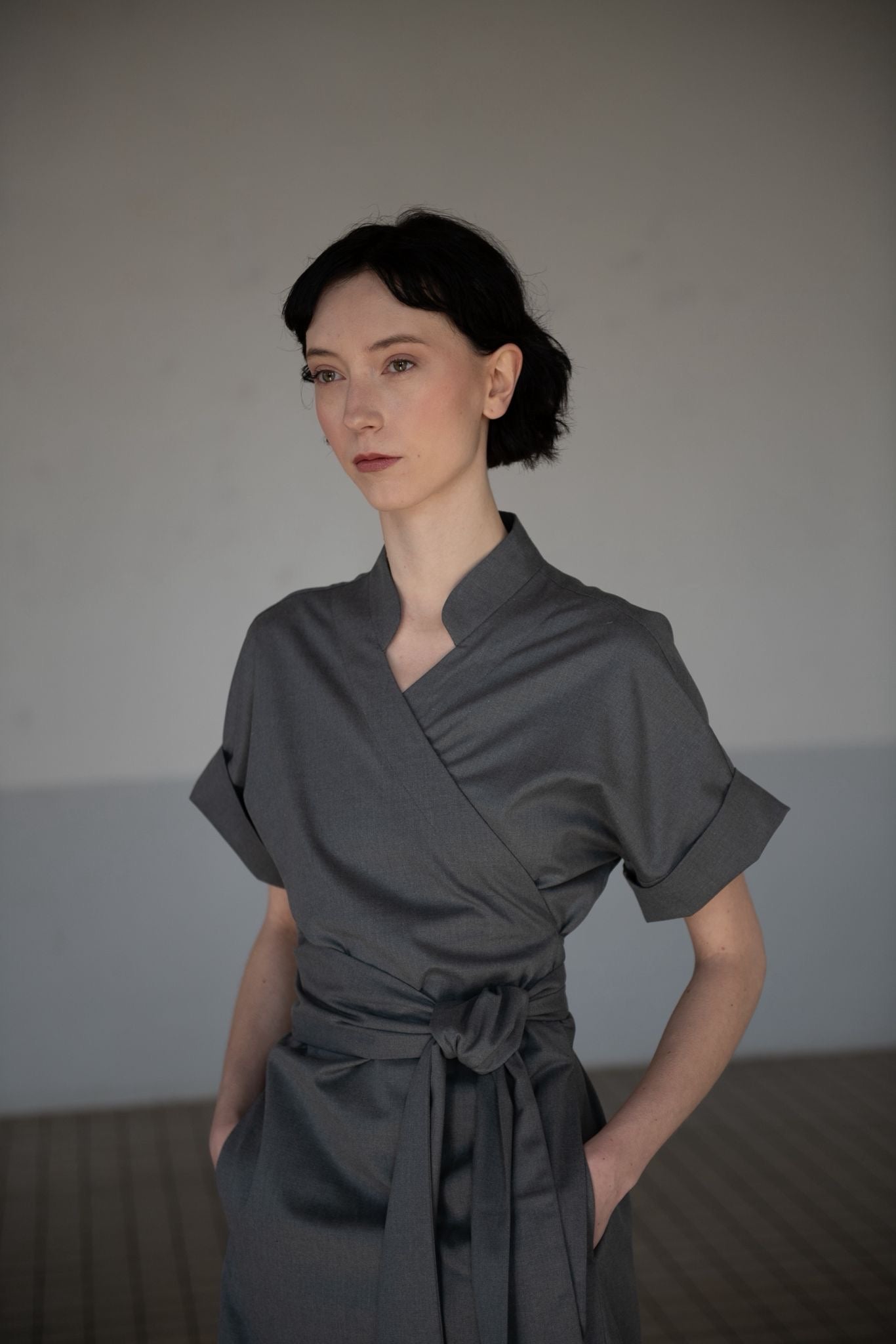 Gray Wrap Kimono Dress