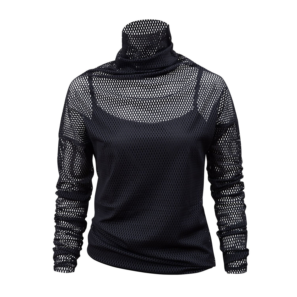 Black Mesh Stretch Turtleneck Top