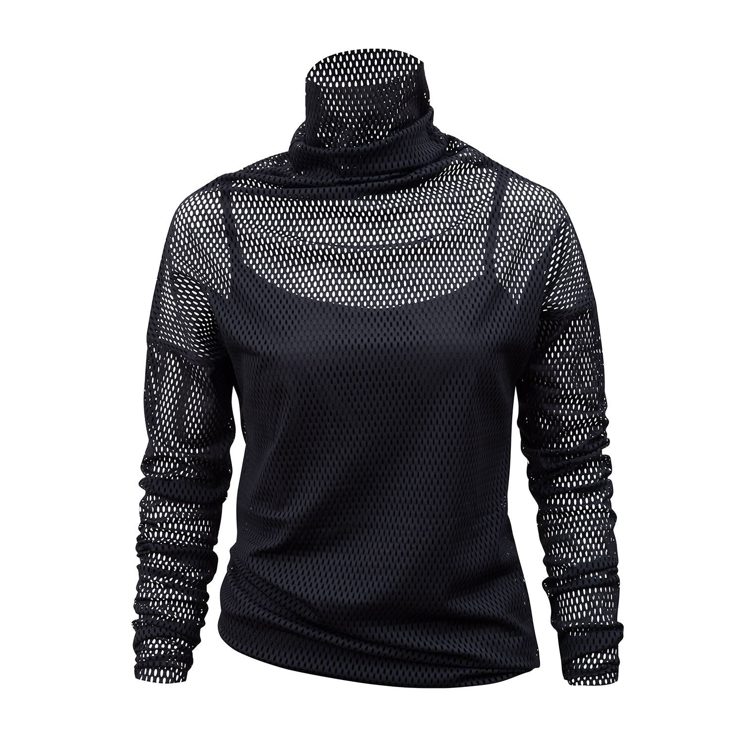 Black Mesh Stretch Turtleneck Top